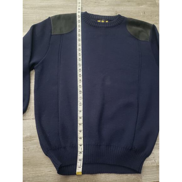 Vintage Barbour Pure Wool & Suede Leather Navy Blue Jumper Sweater | Size 56-46 - Picture 6 of 8